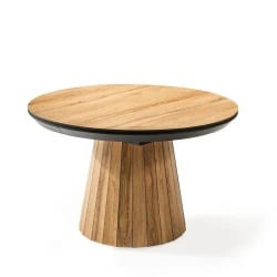 JAZZ | שולחן אוכל מעוצב עגול עם רגל עץ ייחודית ולוק הורס רגל שחור / פלטה אלון