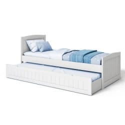 BOAZ | מיטת ילדים מעוצבת עם מיטת חבר נפתחת , מעקה ומזרנים במתנה! תוצרת רהיטי עין חרוד לבן / 80/190 ס״מ