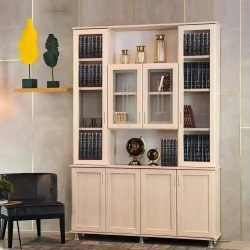 TZIPORA | ארון ספרים מעוצב עם דלתות זכוכית ורגליות מעץ סנדוויץ׳ איכותי 320 ס״מ – 8 דלתות