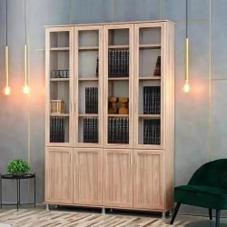 RIVKA | ארון ספרים איכותי מעץ סנדוויץ׳ עם דלתות זכוכית ובמת רגליים 280 ס״מ – 7 דלתות