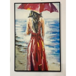 תמונה לקיר עם מסגרת אישה מטריה בים